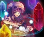  book capelet crescent crystal dress hair_ribbon hat lights long_hair magic_circle open_mouth patchouli_knowledge pikoring pink_dress purple_eyes purple_hair ribbon solo striped striped_dress touhou violet_eyes 