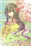  black_hair flower hair_ornament kuroi_(liar-player) long_hair new_year original purple_eyes rainbow_background violet_eyes 