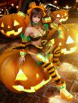 3d bandeau bare_shoulders breasts brown_eyes brown_hair cleavage cocoa_(character) halloween hat incise_soul jack-o'-lantern jester_cap jewelry m-rs orange_(color) smile staff striped striped_legwear thigh-highs thighhighs wand witch 
