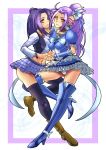  1girl black_legwear blue_dress blue_legwear boots bracelet breast_press breasts brooch chin_grab choker cure_beat dress dual_persona erect_nipples frills hair_ornament hairpin hand_holding heart holding_hands jewelry kurokawa_ellen long_hair magical_girl midriff navel necklace panties ponytail precure puffy_sleeves purple_hair rynex3159 shoes siren_(suite_precure) skirt smile suite_precure thigh-highs thigh_boots thighhighs underwear vest white_panties wrist_cuffs yellow_eyes 