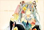  aqua_eyes aqua_hair flower hair_flower hair_ornament hair_over_one_eye hair_ribbon hatsune_miku long_hair new_year ribbon solo tatsumi3 twintails vocaloid 