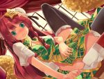  alternate_costume black_legwear blue_eyes blush braid breasts bun_cover chinese_clothes cleavage cleavage_cutout curtains double_bun dragon dutch_angle hair_ornament hair_ribbon hand_on_stomach highres hong_meiling legs_folded long_hair looking_at_viewer lying mikan_(bananoha) naked_tabard no_hat no_panties patterned red_hair redhead ribbon short_sleeves solo star tabard thigh-highs thighhighs touhou twin_braids window 