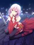  bare_shoulders black_legwear breasts center_opening cleavage detached_sleeves from_above guilty_crown long_hair looking_at_viewer looking_up open_mouth pink_hair red_eyes sitting solo takepon thigh-highs thighhighs twintails wariza yuzuriha_inori 