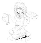  braid cup dabadhi garter_straps izayoi_sakuya lineart maid maid_headdress monochrome open_mouth short_hair simple_background smile solo tea teacup teapot thigh-highs thighhighs touhou tray twin_braids 