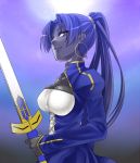  1girl assassin_(fate/zero) black_skin blue_hair breasts brown_eyes cardboard cosplay dark_skin dress earrings excalibur fate/zero fate_(series) female female_assassin_(fate/zero) hoop_earrings jewelry kazami_tomo large_breasts ponytail saber saber_(cosplay) solo sword weapon 