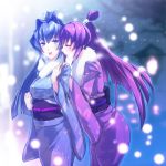  2girls blue_eyes blue_hair blush closed_eyes erobouzu eyes_closed fur incest japanese_clothes kimono koubuin_yuuhi mitsurugi_meiya multiple_girls muvluv muvluv_alternative ponytail purple_hair scarf siblings sisters snow tree yuri 