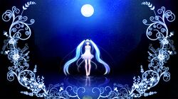  ^_^ animal_ears aqua_hair arms_behind_back bare_shoulders blue cat's_dance_(vocaloid) cat_ears closed_eyes dress eyes_closed flower full_moon hatsune_miku highres kintarou_(kintarou&#039;s_room) kintarou_(kintarou's_room) long_hair moon night night_sky reflection ripples sky smile solo twintails very_long_hair vocaloid water white_dress 