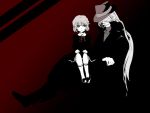  1boy 1girl black cigarette detective_conan gin_(detective_conan) haibara_ai hat height_difference hidden_eyes long_hair meitantei_conan red_background short_hair sitting sitting_on_person size_difference skirt 