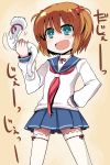  bangs blue_eyes blush cat fang hand_on_hip hips hitsuji_bako kataoka_yuuki open_mouth orange_hair pleated_skirt ribbon sailor saki school_uniform short_hair short_twintails skirt solo thighhighs twintails white_legwear 