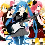  aqua_eyes aqua_hair bad_id black_legwear blonde_hair electric_guitar gloves guitar hair_ornament hair_ribbon hairclip hatsune_miku highres instrument kagamine_rin komine long_hair looking_at_viewer megurine_luka multiple_girls pantyhose pink_hair ribbon short_hair skirt twintails very_long_hair vocaloid whammy_bar 