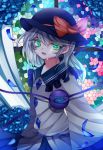  1girl aru16 blue_rose bow flower green_eyes hat hat_bow komeiji_koishi petals rose rose_petals solo stained_glass tears third_eye touhou white_hair wide_sleeves 