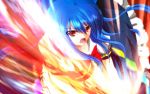  bad_id blue_hair bow dress highres hinanawi_tenshi long_hair nekominase no_hat no_headwear open_mouth red_eyes solo sword sword_of_hisou touhou weapon 