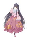 bad_id black_hair bow brown_eyes frilled_skirt frills full_body houraisan_kaguya long_hair long_skirt looking_at_viewer payot philomelalilium simple_background skirt smile solo standing touhou very_long_hair white_background
