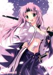  absurdres blue_eyes blush breasts cherry_blossoms cleavage copyright_request hairband happy highres iwa long_hair ponytail purple_hair sarashi sky solo sword swordd weapon 