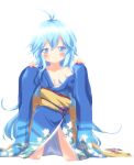  ahoge ayakashi_(monkeypanch) bad_id blue_eyes blue_hair blush copyright_request highres japanese_clothes kimono long_hair off_shoulder smile solo very_long_hair 