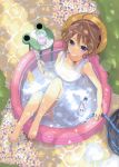  absurdres bare_legs barefoot blue_eyes book bottle brown_hair dress earrings feet flower from_above hair_ornament hairclip hat highres hose jewelry looking_at_viewer looking_up original partially_submerged reclining sakurai_unan smile solo straw_hat sun_hat wading_pool water water_bottle white_dress 