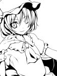  akina_(artist) akina_(schism) ascot bad_id bat_wings brooch bust hat jewelry lineart monochrome remilia_scarlet short_hair smile solo touhou wings wink 