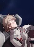  banagher_links banagher_links_(cosplay) barnaby_brooks_jr blonde_hair closed_eyes cosplay eyes_closed gundam gundam_unicorn headwear_removed helmet helmet_removed male mecha no_glasses parody pilot_suit saya_(sayaz) solo space tiger_&amp;_bunny 