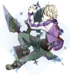  bad_id blonde_hair boots ivan_karelin jacket jei679 letterman_jacket male purple_eyes purple_jacket short_hair shuriken solo tiger_&amp;_bunny violet_eyes weapon 