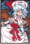  alternate_costume bat_wings blue_hair capelet colored_pencil_(medium) copic curiosities_of_lotus_asia dress fang frills hat hat_ribbon jewelry long_sleeves looking_at_viewer mosho red_eyes remilia_scarlet ribbon ring short_hair signature skirt skirt_lift smile solo touhou traditional_media windowboxed wings 