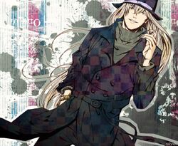  blonde_hair cigarette detective_conan gin_(detective_conan) gin_(meitantei_conan) grey_eyes grin hat long_hair male meitantei_conan scar silver_(conan_biyori) smile solo trench_coat watch 