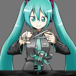  aqua_eyes aqua_hair character_doll detached_sleeves halterneck hanyapunifu hatsune_miku headset highres long_hair nail_polish necktie puppet scissors simple_background solo string twintails vocaloid wide_sleeves 