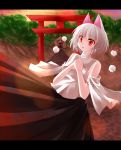  animal_ears bad_id hands_on_own_chest hat highres inubashiri_momiji letterboxed red_eyes shimeji_hachi short_hair silver_hair solo tokin_hat touhou wolf_ears 