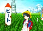  1girl backpack bag black_eyes blue_hair building child crowd dragonfly giba_ryan hair_over_eyes hat kune-kune monster nekojiru_udon original power_lines randoseru rice_paddy scarecrow school_hat short_sleeves short_twintails sign solo transmission_tower twintails when_you_see_it 