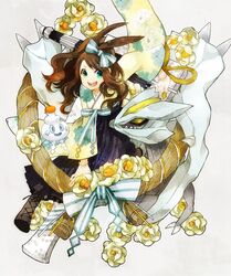  1girl :d alternate_hairstyle blue_eyes boots bow brown_hair buzz creature flower food fruit hair_bow japanese_clothes kagami_mochi kimono kyurem long_hair looking_at_viewer monster new_year open_mouth orange oriental_umbrella pokemon pokemon_(creature) pokemon_(game) pokemon_black_and_white pokemon_bw ribbon smile touko_(pokemon) umbrella vanillite wavy_hair white white_background wreath 