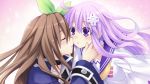  blush brown_hair cheek_kiss choker choujigen_game_neptune choujigen_game_neptune_mk2 closed_eyes cross eyes_closed female hair_ornament hair_ribbon hand_on_face highres if_(choujigen_game_neptune) incipient_kiss jacket kiss long_hair love multiple_girls nepgear nepgear_(neptune) official_art purple_eyes purple_hair school_uniform surprised wavy_hair yuri 