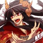  black_hair commentary_request fangs hinomoto_oniko japanese_clothes kimono long_hair oni_mask open_mouth original red_eyes slit_pupils solo 