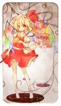 :o arm_up ascot blonde_hair checkered dress flandre_scarlet floral_print frills fuiyu_(feuille0818) hat hat_ribbon holding laevatein open_mouth red_eyes ribbon shadow short_hair short_sleeves solo touhou wings 