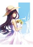  artbook bare_shoulders bouquet commentary dress flower hat highres ikezawa_hanako jpeg_artifacts katawa_shoujo long_hair looking_back official_art scar solo sun_hat sunflower very_long_hair weee_(raemz) white_dress 