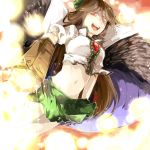  arm_cannon brown_hair burned_clothes burnt_clothes from_below midriff navel reiuji_utsuho shuang9705 skirt solo touhou weapon 
