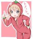  :d blonde_hair blue_eyes buttons hand_on_hip index_finger_raised kou89 leaning_forward looking_at_viewer open_mouth red_background smile tomato_costume toshinou_kyouko yuru_yuri 