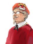  bust colonel_sanders facial_hair formal glasses goatee grey_hair kfc kuroko_(piii) male manly_tears mask mustache necktie old_man oni red_oni red_oni_(cosplay) setsubun short_hair simple_background smile solo stubble sweater tears white_background 