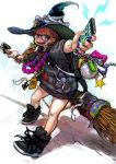  bag bandaid bespectacled broom glasses green_eyes hat highres jewelry jon_taira necklace pixiv_fantasia pixiv_fantasia_wizard_and_knight red_hair redhead shoes smartphone witch_hat 
