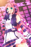  :q ahoge ao_ringo belt blue_eyes blush earmuffs elbow_gloves gloves headphones long_hair miki miki_(vocaloid) pink_hair sf-a2_miki smile solo striped striped_gloves tongue vocaloid 