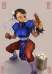  boots bracelet brown_hair bun_cover capcom china_dress chinese_clothes chun-li double_bun eyeshadow food highres jewelry makeup meat_bun muscle nikuman pantyhose perspective spiked_bracelet spikes street_fighter thick_thighs thighs zarusobababa 