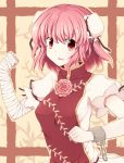  akagaminanoka bandage bandages bun_cover bust chain clenched_hands cuffs double_bun dress flower fuuen_(akagaminanoka) ibara_kasen ibaraki_kasen open_mouth pink_eyes pink_hair pink_rose raised_fist rose shackle solo tabard touhou white_dress 