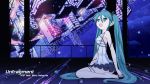  1girl aqua_eyes aqua_hair city cityscape crazypen hatsune_miku long_hair looking_up night open_mouth pleated_skirt sitting solo twintails unfragment_(vocaloid) very_long_hair vocaloid white_dress wire 