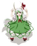  arms_up bad_id digital001 ex-keine horn_ribbon horns kamishirasawa_keine open_mouth ribbon simple_background solo touhou 