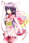  green_eyes hair_ornament japanese_clothes kimono long_hair new_year original purple_hair solo tsubaki_ki 