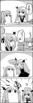  4koma :d alternate_hairstyle basket book bow braid brush chair comic cosplay crescent cup dress flat_gaze hair_bow hat hat_removed head_wings headwear_removed highres hong_meiling koa_(phrase) koakuma koakuma_(cosplay) long_hair monochrome multiple_girls necktie open_mouth patchouli_knowledge reading sitting smile star tani_takeshi teacup the_embodiment_of_scarlet_devil touhou translated twin_braids yukkuri_shiteitte_ne |_| 