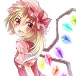  :d blonde_hair blush bust fang flandre_scarlet hair_ornament hat hat_ribbon looking_at_viewer looking_back miyakure open_mouth red_eyes ribbon short_hair side_ponytail simple_background smile solo the_embodiment_of_scarlet_devil touhou white_background wings 