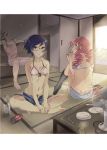  2girls artbook barefoot bikini_top blue_hair border bra breasts commentary dimples_of_venus dr_pepper drill_hair fan feet front-tie_top glasses hakamichi_shizune hands_on_feet highres hot indian_style jpeg_artifacts katawa_shoujo kneehighs lingerie mikado_shiina moekki multiple_girls nakai_hisao official_art open_fly panties pink_hair scan short_hair short_shorts shorts sitting sleeping striped striped_panties sweat tatami twin_drills under_boob underboob underwear underwear_only unzipped 