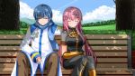  1boy 1girl bench blue_hair boots closed_eyes kaito long_hair megurine_luka outdoors pink_hair sitting sky smile thigh-highs thighhighs tree vocaloid yakitori_(oni) 