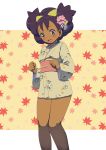  alternate_hair_length alternate_hairstyle bee-j1 blush brown_eyes dark_skin hair_ornament highres iris_(pokemon) japanese_clothes kimono leaf legs makoto_daikichi maple_leaf new_year pokemon pokemon_(anime) pokemon_(game) pokemon_black_and_white pokemon_bw purple_hair short_kimono solo 