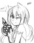  akka_(oniro) animal_ears bust cat_ears claw_(weapon) highres long_hair monochrome oniro pas_(paxiti) single_elbow_glove single_glove solo wink 