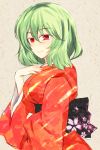  breasts floral_print green_hair highres hyaa japanese_clothes kazami_yuuka kimono obi red_eyes short_hair smile solo touhou youkai 
